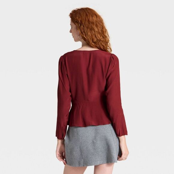 A New Day - Women's Long Sleeve Button-Front Top - A New Day M Maroon - Picture 2 of 3